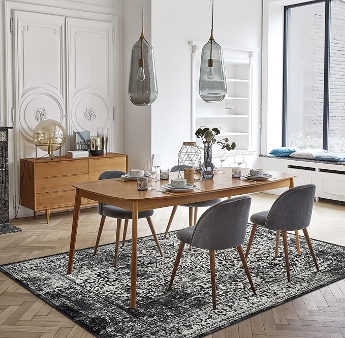 vivorug 6x9 Area Rugs, Stain Resistant Washable Rug for Living Room, Vintage-Inspired Black and White Rug