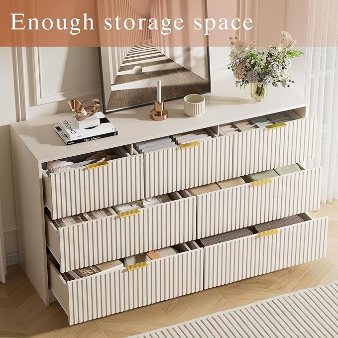 Beige Dresser for Bedroom, Modern Dresser with 7 Drawers and Smooth Slides, Wide Chest of Drawers with Golden Handles for Bedroom, Living Room, Closet, 15.7" D x 55.1" W x 31.4" H