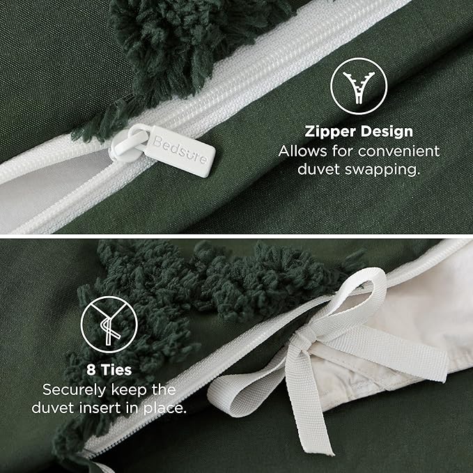 Bedsure Boho Duvet Cover King - Dark Green Tufted Boho Bedding, Farmhouse Shabby Chic Embroidery Bedding for All Seasons, 3 Pieces, 1 Soft Jacquard King Comforter Cover and 2 Pillow Shams