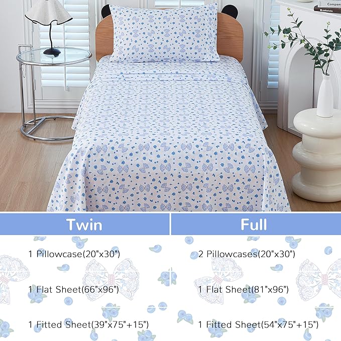 Viviland 3 Pieces Girls Blueberry Twin Sheet Set - Soft Microfiber Fitted Flat Sheets & Pillowcase - Blue Bow Blueberry Bedding Sets - for Kids & Toddlers