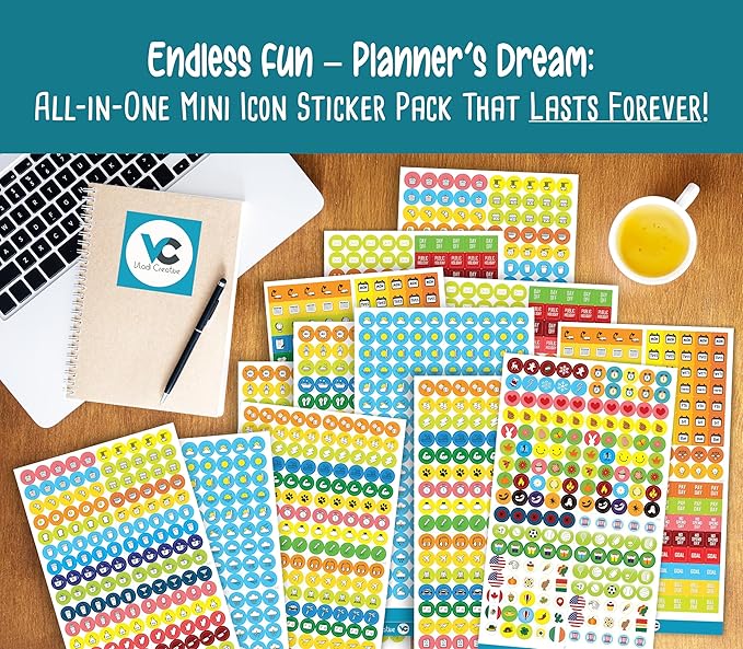 Vladi Creative Mini Planner Stickers - 2210 Pcs, 14 Sheets, Decorative & Productivity-Boosting Colorful Stickers for Journals, Calendars, Scrapbooking, Time Management, & DIY Planner Decoration