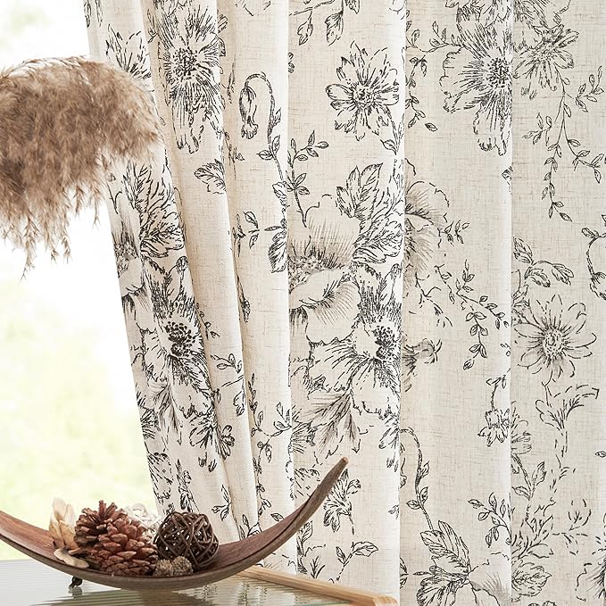 jinchan Pinch Pleated Curtains Floral Linen Blend Curtains for Living Room 84 Inches Length Black Peony Flower Printed Curtain Rod Pocket Back Tab Farmhouse Pinch Pleat Drapes with Hooks Set 2 Panels