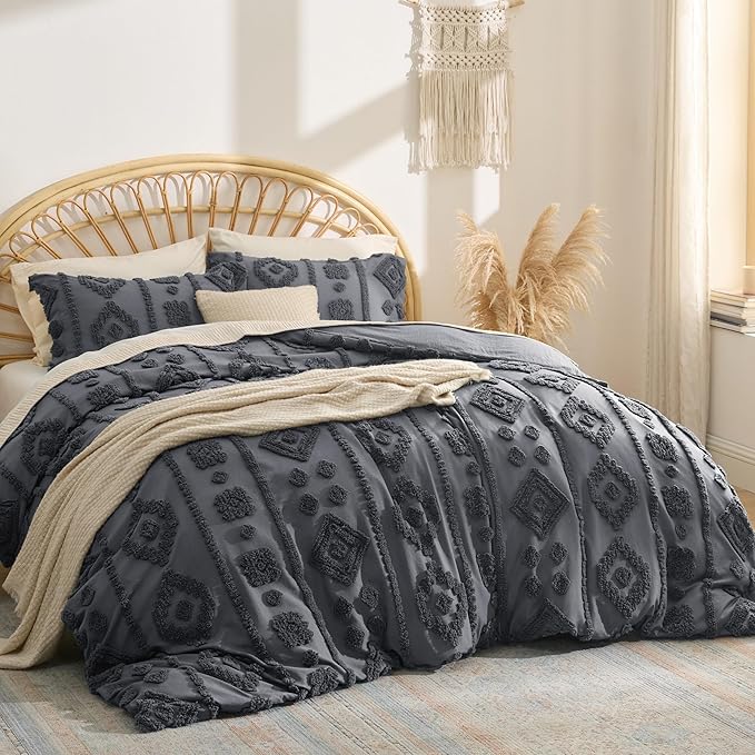 Bedsure Boho Duvet Cover King - Dark Grey Tufted Boho Bedding, Farmhouse Shabby Chic Embroidery Bedding for All Seasons, 3 Pieces, 1 Soft Jacquard King Comforter Cover and 2 Pillow Shams