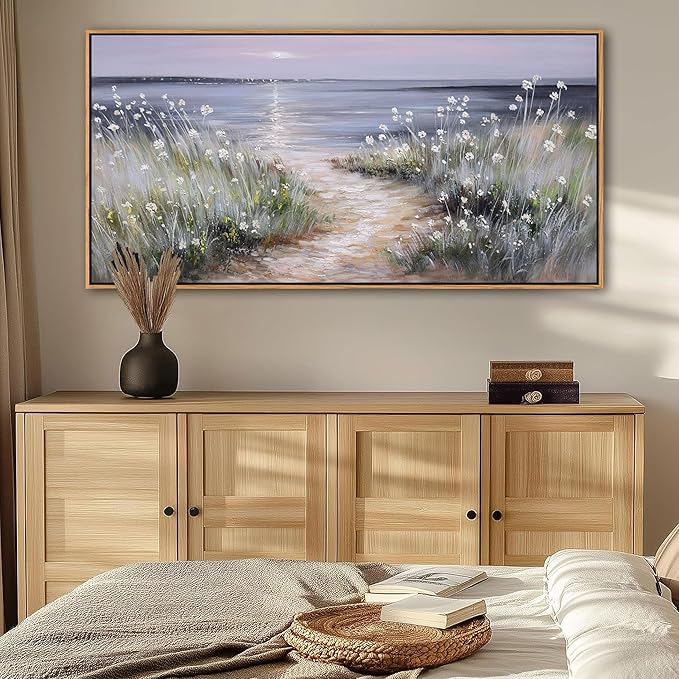 KLAKLA Bedroom Decor Wall Art Blue Beach Picture Ocean Theme Flower Canvas Print Modern Coastal Seascape Painting Framed Seaside Artwork Floral Daisy for Home Sea Lake Living Room 24X48 Inch