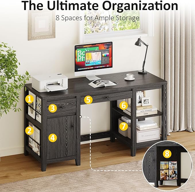 58" Executive Desk with Foldable Keyboard Tray and Charging Station, Farmhouse Wood Home Office Desk with Drawers and Magazine Rack, Large Writing Computer Desk for Home Office and Study, Black