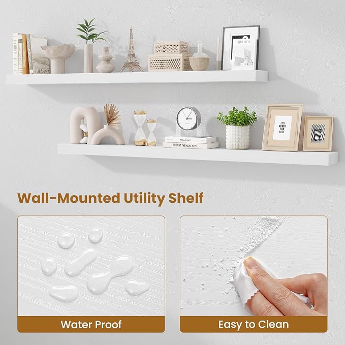 Fun Memories 55 Inch Floating Shelves Bedroom, Large Extra Floating Shelf Set of 2 with Invisible Brackets, White