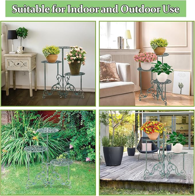 OwnMy 3 Tier Heavy Duty Cast Iron Plant Stand Foldable Wrought Iron Flower Pot Holder, Indoor Outdoor Tall Plant Stand Shelf for Garden Patio, Decorative Round Metal Plant Display Rack, Antique Green