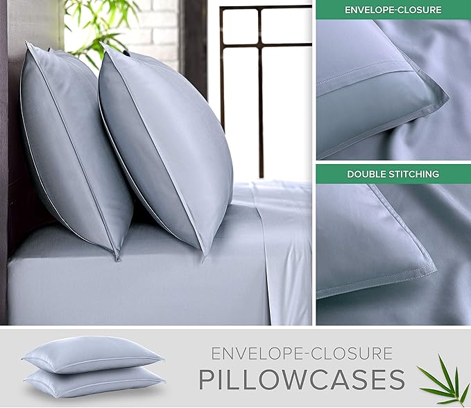 Pure Bamboo Queen Sheets, Genuine 100% Organic Viscose Derived from Bamboo Bed Sheet Set, Luxuriously Soft & Cooling, Double Stitching, 2 Year Quality Promise (Queen, Sterling Blue)