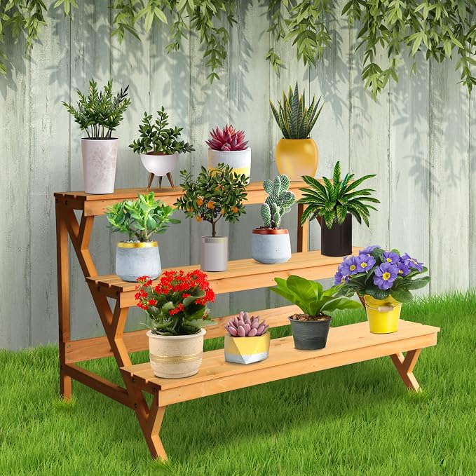 3 Tier Wood Plant Stand Indoor Outdoor, Ladder Large Multi Tiered Plant Holder, Wooden, Display Storage Shelf, 35.43"×23.62"×23.62", 3 Layered Step Plant Rack, Stair Plant Stand