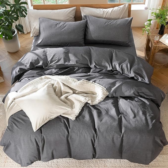 MooMee Bedding Duvet Cover Set 100% Washed Cotton Linen Like Textured Breathable Durable Soft Comfy (Heathered Dark Grey, Super King 108"x98")