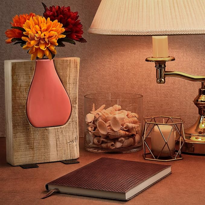 Excello Global Products Matte Pink Glass and Wood Vase - Rustic Flower Vase Decorative Centerpieces for Dining Room Table Coffee Tables Vintage Farmhouse Decor (Short - 8" x 6")