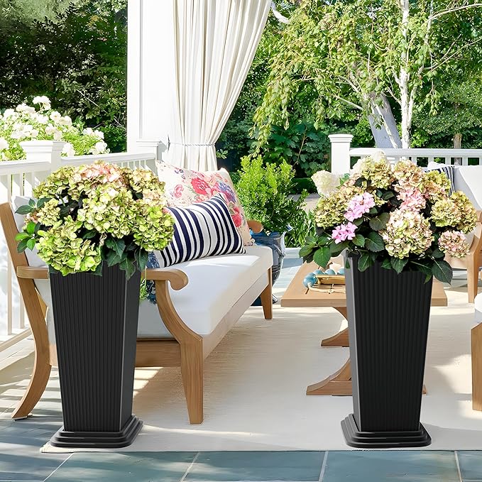 Set of 4 24" Tall Plastic Planters with Trays, Large Tapered Plant Pots for Indoor Outdoor Use, Modern Decorative Planters for Porch, Patio, Garden, and Backyard