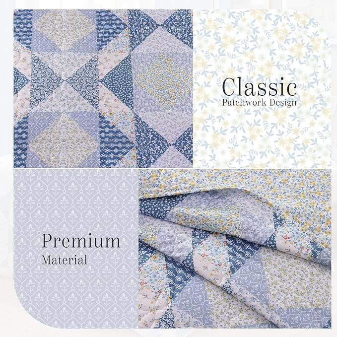 Quilt Set King Size, Patchwork Blue Marigold Floral Quilt Sets, Reversible Bedspread Lightweight and Breathable for All Seasons, Soft Quilted Bedspread with 2 Pillow Shams