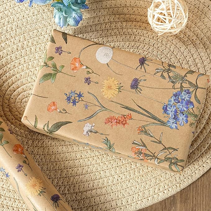 WRAPAHOLIC 30 Inch Kraft Floral Wrapping Paper Roll - 30 Inch x 33 Feet - Wildflower Wrapping Paper Perfect for Girls Women Birthday, Wedding, Bridal Shower