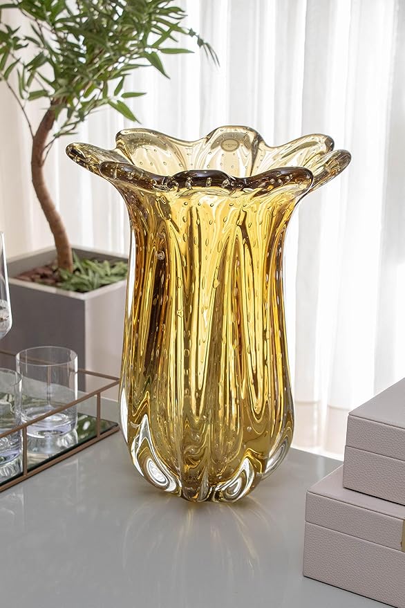 Extra Large Blown Glass Vase Amber, Everest Model, Murano-Style, Handcrafted Brazilian Glass Art, Floral Arrangements, Home Decor, 21.8 lbs