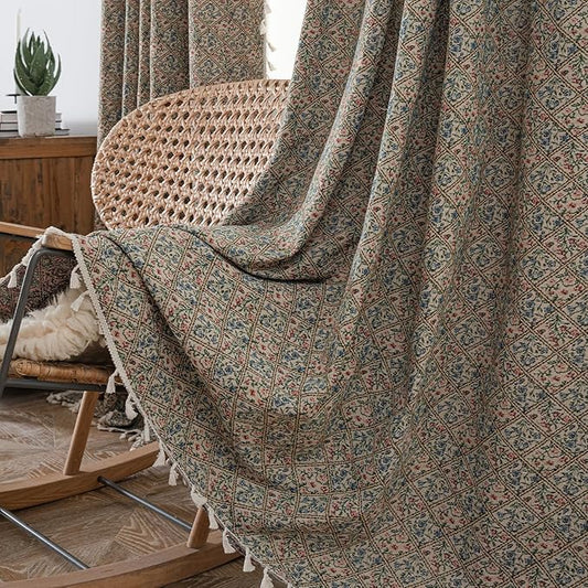 ENJOYBRIDAL Floral Living Room Curtains 63 Inch Length Boho Drapes Short Jacquard Semi Sheer Bedroom Window Curtains Patterned Farmhouse Country Rod Pocket Aesthetic Tassel 2 Panels Window Treatments