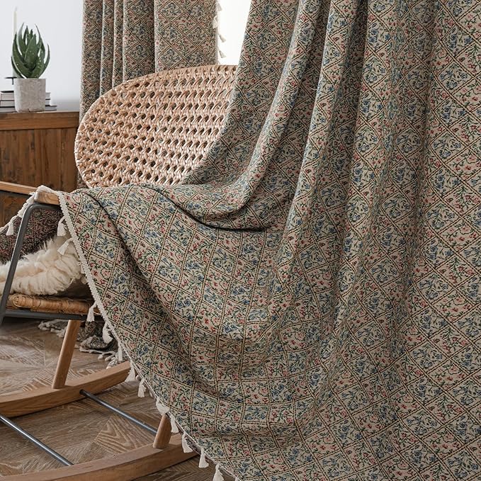ENJOYBRIDAL Floral Living Room Curtains 96 Inch Long Boho Drapes Jacquard Semi Sheer Bedroom Patterned Window Curtains Farmhouse Country Rod Pocket Aesthetic Tassel 2 Panels Window Treatments
