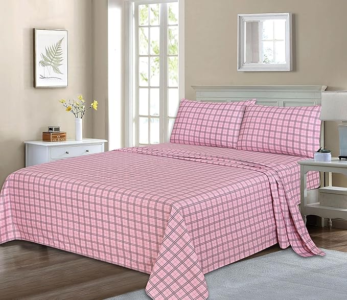 RUVANTI Flannel Sheets Full Size - 100% Cotton Double Brushed Bed Sheets Set, Deep Pockets 16 Inches, All Seasons Breathable & Extra Soft Full Sheets, Warm & Cozy, 4 Piece, Check & Bolt Pink