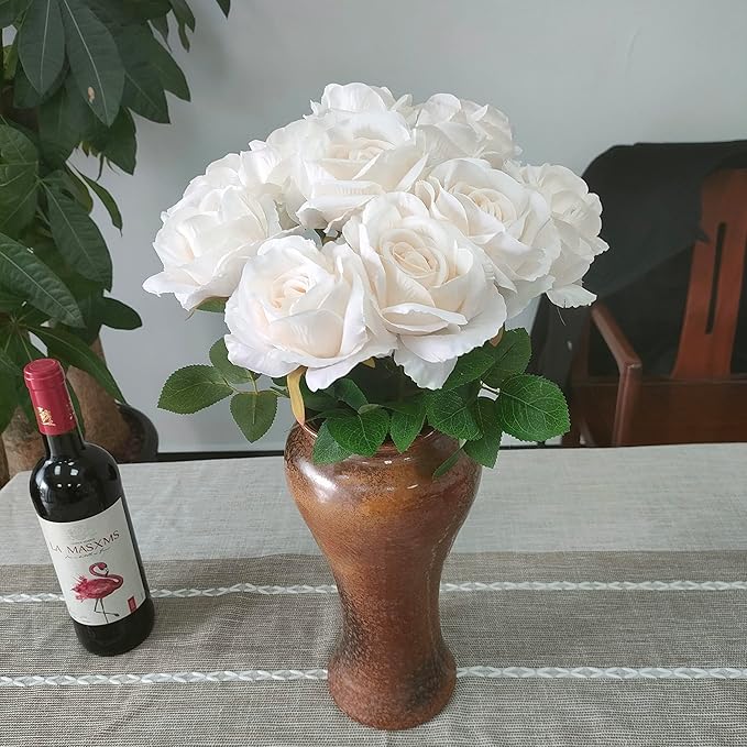 ATFL Fake White Roses Artificial Flowers Bulk,Floral Diameter 4'',20 Pcs Artificial Silk Roses Flowers with Stems for Wedding Arrangement Centerpieces Party Home Table Decorations (20, White)
