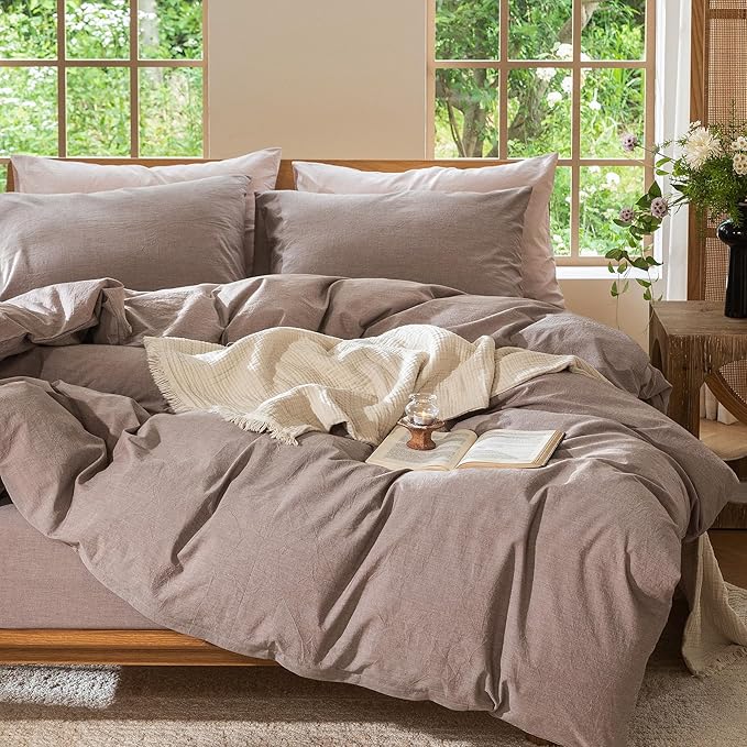 MooMee Bedding Duvet Cover Set 100% Washed Cotton Linen Like Textured Breathable Durable Soft Comfy (Heathered Mauve Brown, King 104"x90")