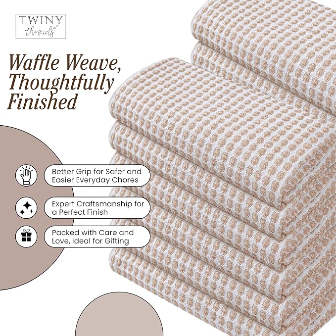 TWINY threads Circle Waffle Dish Towels 4 Pack, 16x26 Inches, 100% Cotton, Heavy Duty, Absorbent Dishcloth Set, Perfect for Drying Dishes for Kitchen, Rustic Homes, Embroidery, General Use, Beige