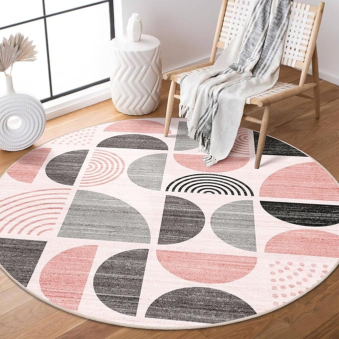 MUJOO Round Rug 4ft,Small Circle Area Rug Washable,Circular Rugs for Entryway Bedroom Kitchen,Boho Non Slip Throw Floor Carpet Modern Abstract Pink and Grey