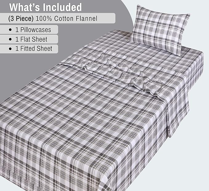 RUVANTI Flannel Sheets Twin Size - 100% Cotton Double Brushed Twin Sheets Set, Deep Pockets 16 Inches, All Seasons Breathable & Extra Soft Bed Sheets, Warm & Cozy, 3 Piece, Modest