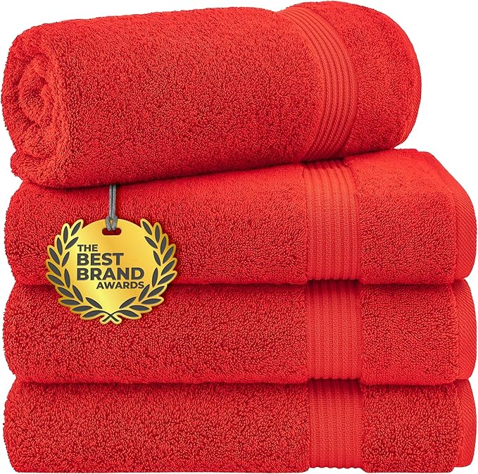 Cotton Paradise 100% Cotton Turkish Towel Set, Soft Absorbent Quick Dry, 4 Piece Bath Towel Set, Red