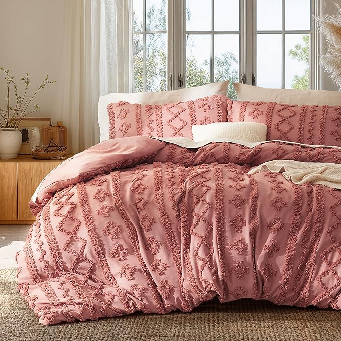 Bedsure Boho Duvet Cover Queen Size, Soft & Comfortable Elegant Design Boho Bedding for Decoration, Machine Washable Comforter Cover for All Seasons,Includes 1 Duvet Cover & 2 Pillow Shams,Pink