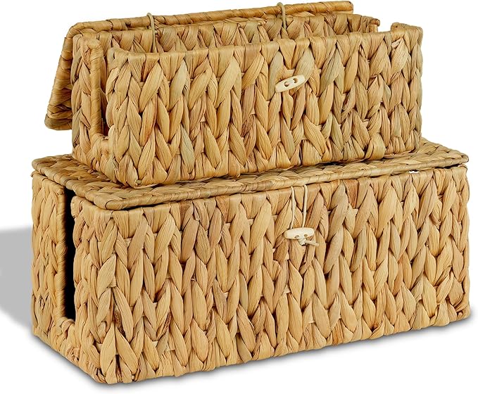 efluky 2 Pack Hand-Woven Cable Management Box with Lid, Water Hyacinth Open Slots Cord Box to Hide USB Wire, Power Strip & Charger for Home & Office and Dorm, Natural