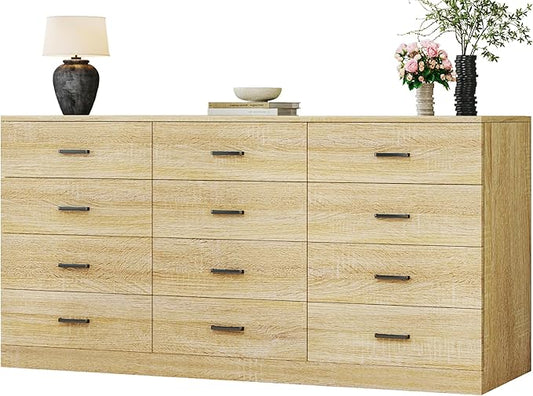Dresser for Bedroom with 12 Drawers, 60'' Wood Mid Century Modern Dressers, Large Chests of Drawers TV Stand, Natural Wood Grain, Storage Unit Dresser for Bedroom, Entryway, Hallway, Natural