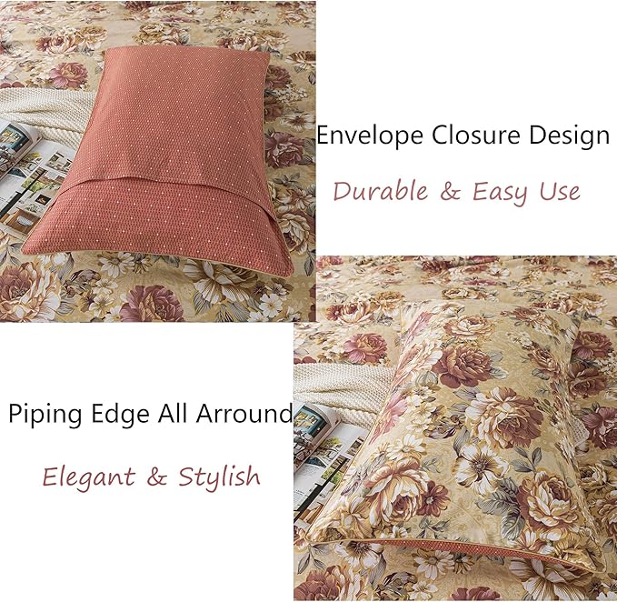 FADFAY Duvet Cover Set Full Tan Peony Floral Bedding Shabby Brown Flower Comforter Cover Set Vintage Farmhouse Bedding 100% Cotton Soft Quilt Cover with Hidden Zipper Closure 3 Pieces, Full Size