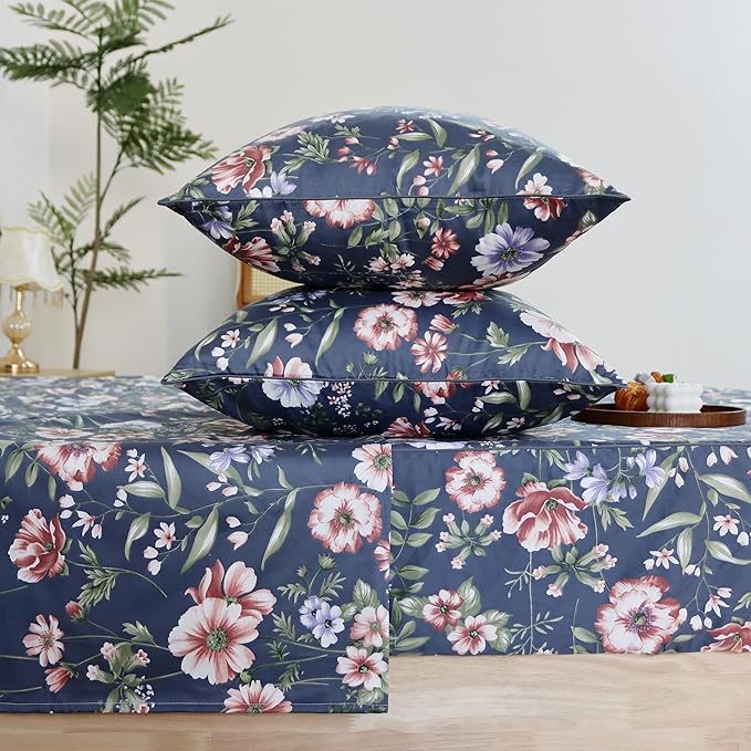 FADFAY Sheets Set Queen Vintage Dark Blue Floral Bedding Shabby Peony Floral Sheets French Country Farmhouse Bedding 800 Thread Count 100% Egyptian Cotton Deep Pocket Fitted Sheet 4Pcs, Queen Size