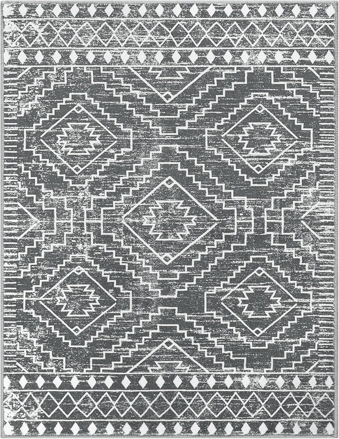 Wonnitar Moroccan 5x7 Washable Rug, Large Grey Area Rug for Living Room, Non-Slip Boho Bedroom Carpet Thin Soft Non-Shedding Farmhouse Rug for Dining Room Table Kitchen Home Office (Dark Grey,5'x7')