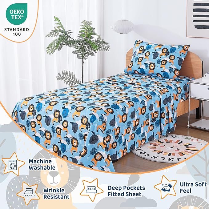 Viviland 3 Pieces Boys Blue Twin Sheet Set - Soft Microfiber Fitted Flat Sheets & Pillowcase - Lion Tree Bedding Sets - for Kids & Toddlers
