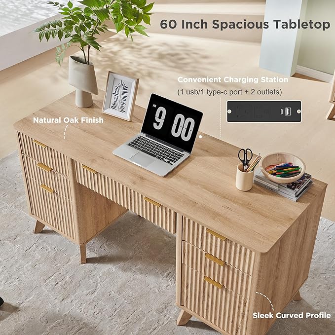 T4TREAM Fluted Executive Desk with Drawers, 60" Modern Home Office Computer Desk with Charging Station, File Cabinet, Keyboard Tray and Storage Cabinet for Study, Living Room, Bedroom, Natural Oak
