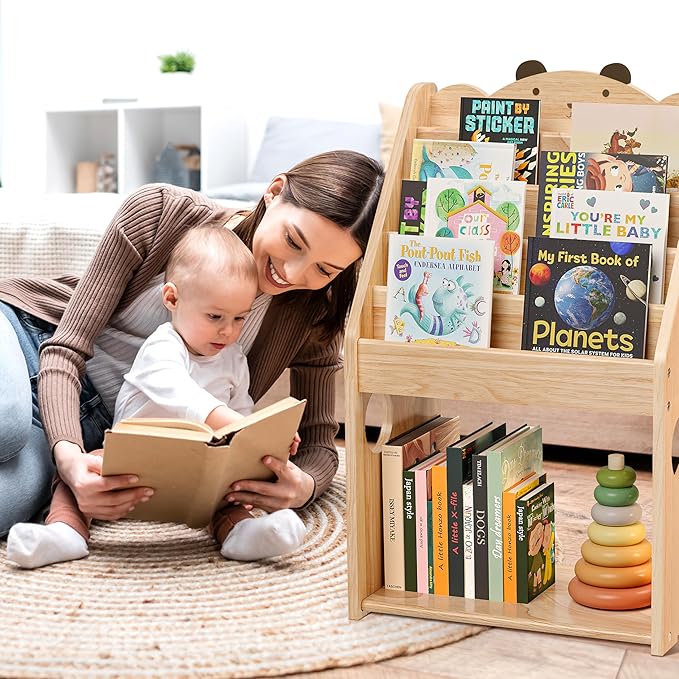 Woodtoe 5 Tier Montessori Bookshelf with Toy Storage, Large Toddler Bookshelf with Chalkboard, Baby Bookcase Book Display Shelve for Kids Bedroom, Nursery, Classroom, Kids Furniture for Boys Girls 1+