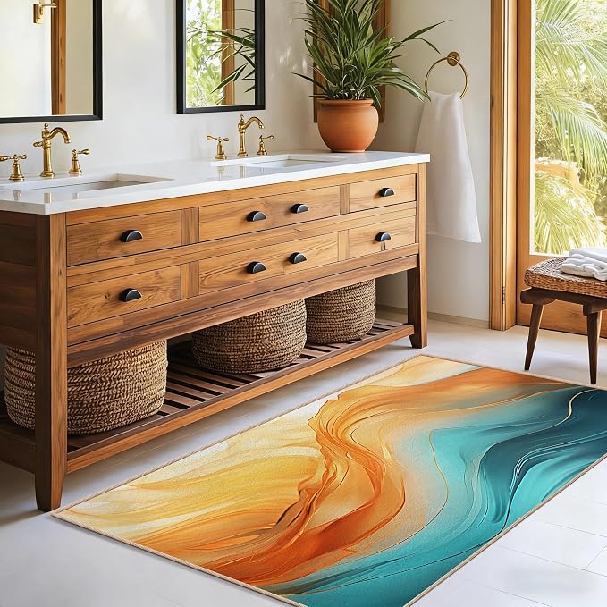 Teal Orange Living Room Rug Carpet 3x5, Turquoise Marble Decorative Area Rugs for Entryway Living Room Kitchen Bedroom, Orange Teal Gold Decor Carpet Non-Slip Machine Washable Indoor Entry Rug