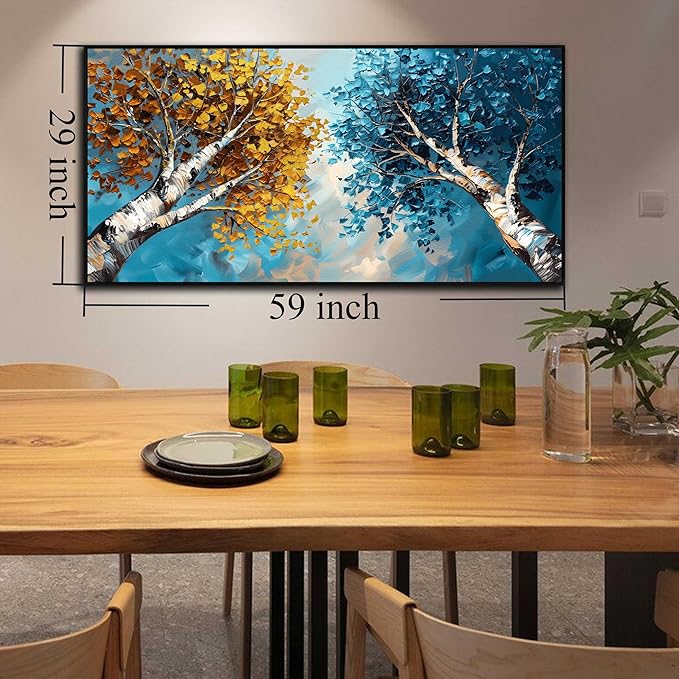 Tree Canvas Wall Art for Living Room Large Size - Yellow and Blue Bedroom Wall Art - Black Framed Wall Art Size 29" x 59"