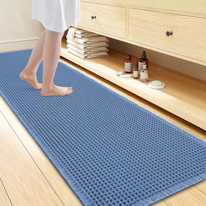 Smiry Waffle Bath Mat 72x24, Extra Soft Absorbent Bathroom Rugs, Non Slip Machine Washable Quick Dry Bath Rugs for Bathroom Floor, Tub, Shower, Home Decor Accessories, Blue