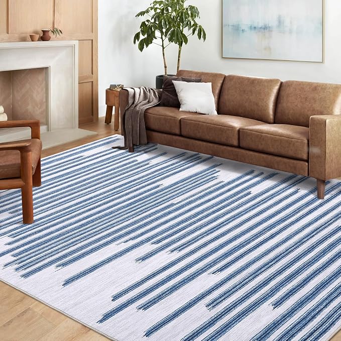 9x12 Area Rug Washable Modern Lines Rug for Living Room Low Pile Soft Bedroom Rugs Non Slip Modern Indoor Large Carpet Thin Foldable Abstract Lines Carpet for Nursery Dining Playroom, Blue