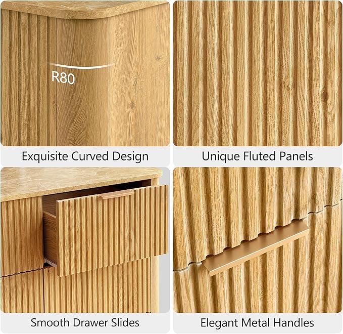 win2win 9 Drawer Dresser, Mid Century Modern Dresser with Storage, 55" Wide Fluted Chest of Drawers with Faux Marble Top, Dressers TV Stand, Drawers Organizer for Bedroom, Living Room, Hallway, Oak