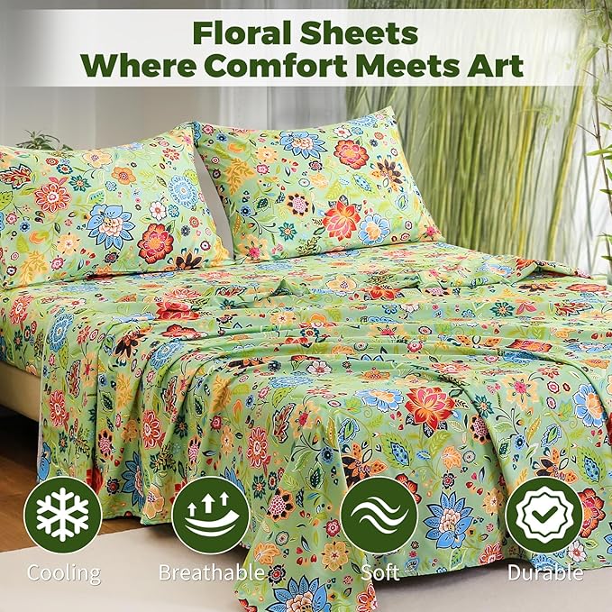 Bedlifes Extra Deep Pocket 18-24" King 4-Piece Sheet Set - Cooling Sheets Blend Rayon Derived from Bamboo Soft & Breathable Floral Sage Green