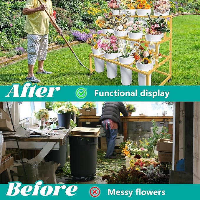 PROLEE Flower Stand with 12 Buckets, Flower Display Stand with Wheels, Flower Cart, Moving Florist Bouquet Shelf, Rectangular, Gold
