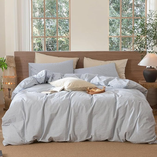 MooMee Striped Duvet Cover Set 100% Washed Cotton Linen Like Textured Breathable Durable Soft Comfy (Cornflower Blue White Wide Stripes, Super King Plus 120"x120")