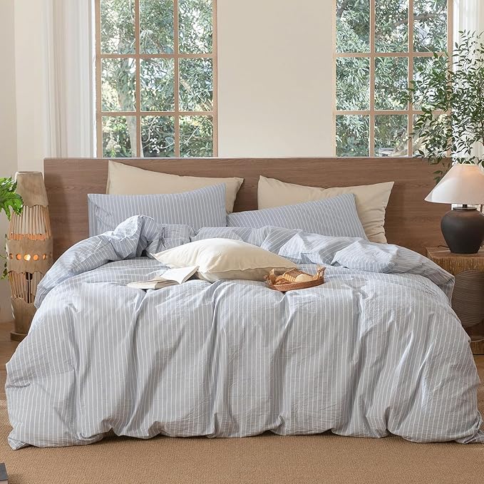 MooMee Striped Duvet Cover Set 100% Washed Cotton Linen Like Textured Breathable Durable Soft Comfy (Cornflower Blue White Wide Stripes, Oversized King Plus 128"x120")