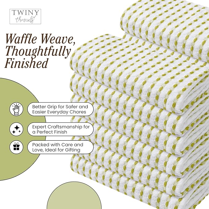 TWINY threads Waffle Kitchen Towels Set of 4, 16x26 Inches, 100% Cotton Waffle Weave Dish Cloth Pack, Super Absorbent & Fast Dry Tea Towels for Drying and Cleaning, Lemon Green, White