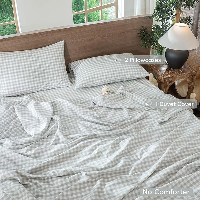 MooMee Gingham Duvet Cover Set 100% Washed Cotton Linen Like Textured Breathable Durable Soft Comfy Modern Checkered Design (Northern Droplet Grey Gingham, Cal King 104"x98")