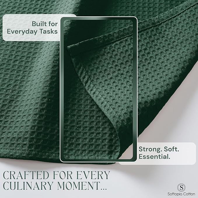 Forest Green Kitchen Towels – Waffle Weave, 100% Cotton, Soft & Absorbent, Fast Dry, Durable, 16x26 Inches, Perfect for Dish Drying, Cleaning, and Everyday Use, Set of 4, Olive Green