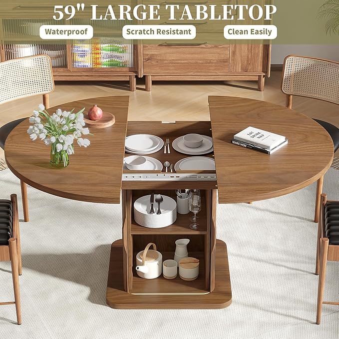 Extendable Round Dining Table for 4-6-8, 59 Inch Dining Room Kitchen Table with Storage, Fluted Wood Slide Door, Modern Oval Circle Dinner Furniture for Living Room, Farmhouse, Brown, Walnut